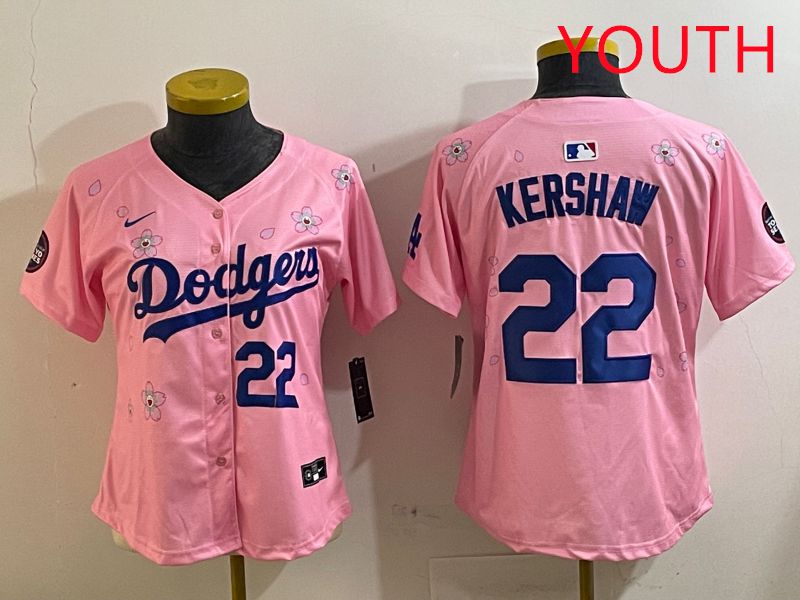 Youth Los Angeles Dodgers #22 Kershaw Pink White Blue Sakura Edition 2025 Nike MLB Jersey style 5